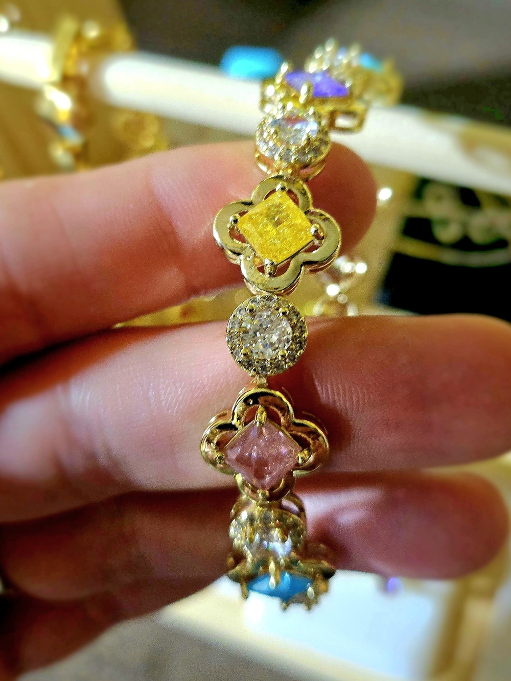 18k Gold Filled Multi-Gem Clover Link Bracelet - Pink & Yellow Accents